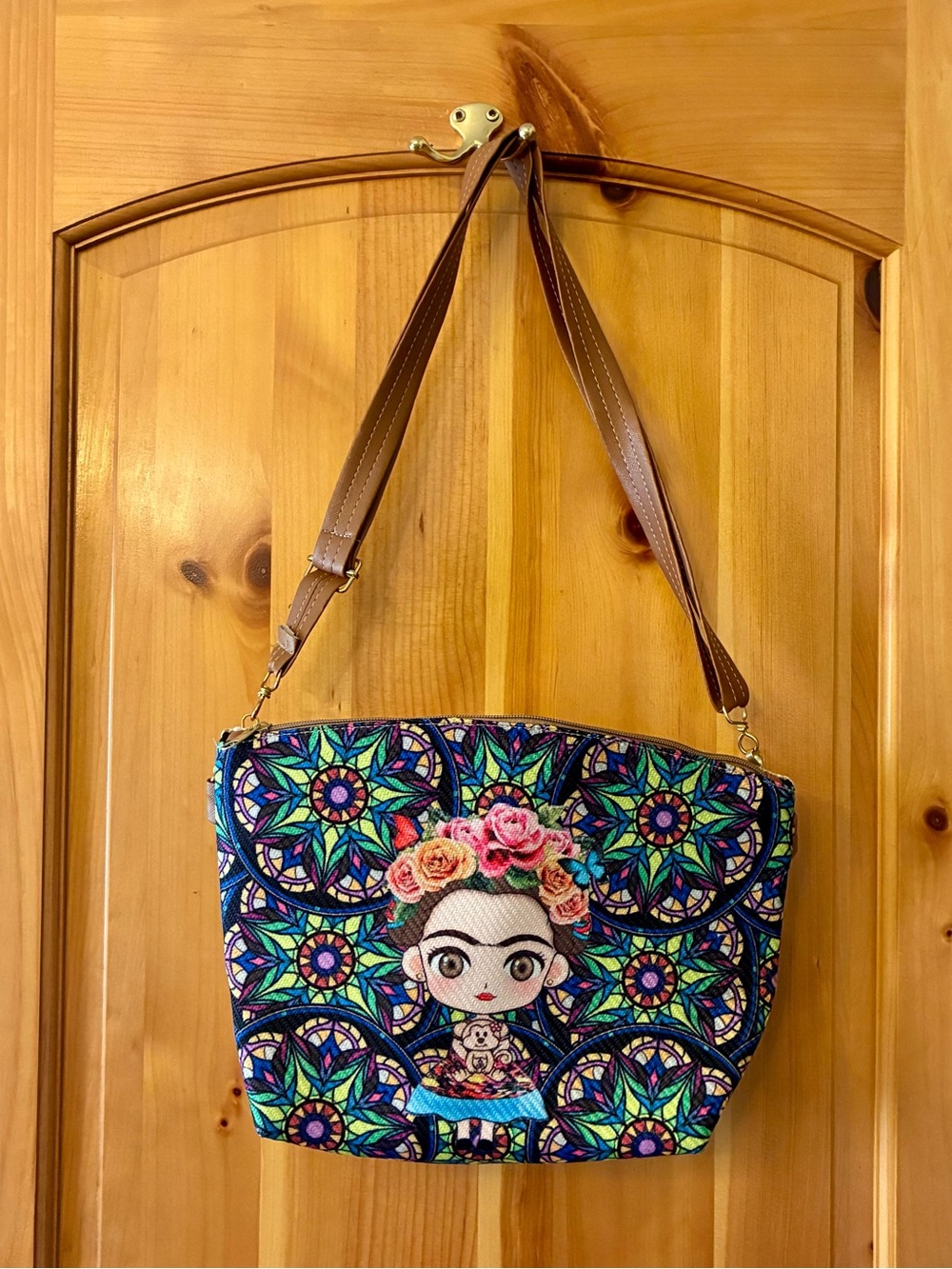 Colorful Floral Mosaic Shoulder Bag with Frida Kahlo-Inspired Design